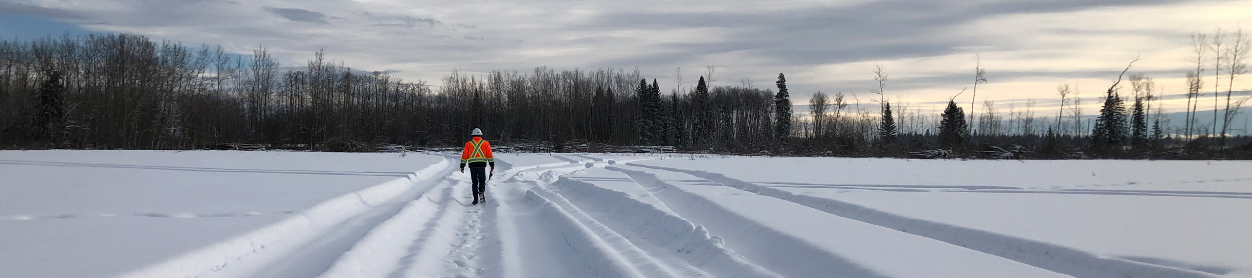 A person in a safety vest and helmet walks alone through deep snow on a wide, snowy path surrounded by trees, under a cloudy sky.